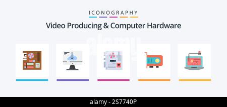 Video Producing And Computer Hardware Flat 5 Icon Pack Including technology. computer. install. motherboard. mainboard. Creative Icons Design Stock Vector