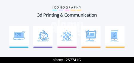3d Printing And Communication Blue 5 Icon Pack Including manufacturing. digital. modification. web. international. Creative Icons Design Stock Vector