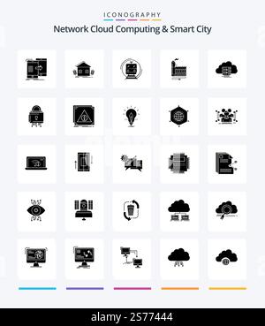 Creative Network Cloud Computing And Smart City 25 Glyph Solid Black icon pack  Such As energy. consumption. environment. transport. smart Stock Vector