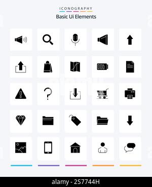 Creative Basic Ui Elements 25 Glyph Solid Black icon pack  Such As up. arrow. mic. volume. sound Stock Vector