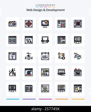 Creative Web Design And Development 25 Line FIlled icon pack  Such As grid. web. computer. digital. browser Stock Vector