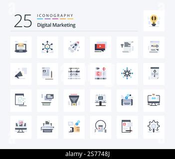 Digital Marketing 25 Flat Color icon pack including tutorial. play. people. project. business Stock Vector