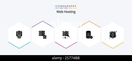 Web Hosting 25 Glyph icon pack including storage . server . server. database . search Stock Vector