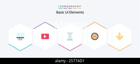 Basic Ui Elements 25 Flat icon pack including direction. arrow. glass. clock. time Stock Vector