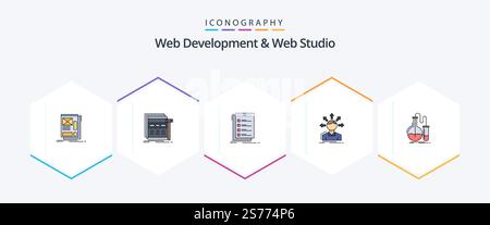 Web Development And Web Studio 25 FilledLine icon pack including options. conversion. webpage. to do. list Stock Vector