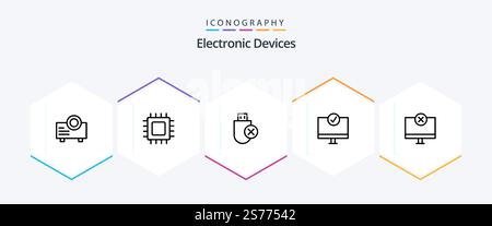 Devices 25 Line icon pack including hardware. devices. computers. connected. stick Stock Vector