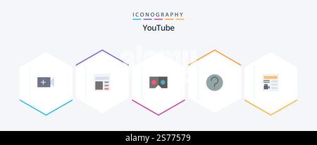 Youtube 25 Flat icon pack including video. document. glasses. mark. help Stock Vector
