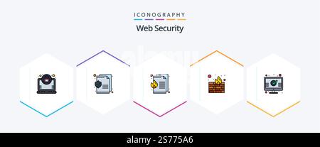 Web Security 25 FilledLine icon pack including . monitor. fire. mark. security Stock Vector