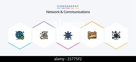Network And Communications 25 FilledLine icon pack including files. folder. hand. world. network Stock Vector