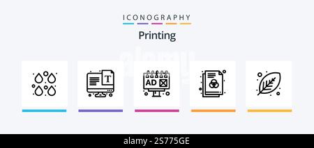 Printing Line 5 Icon Pack Including typography. screen. illustration. paint. drops. Creative Icons Design Stock Vector