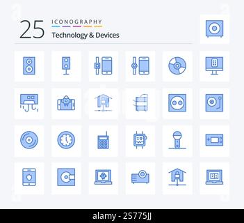 Devices 25 Blue Color icon pack including condition. tv. devices. remote. technology Stock Vector