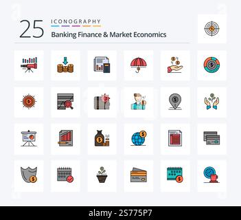 Banking Finance And Market Economics 25 Line Filled icon pack including calculation. budget. cash. banking. audit Stock Vector