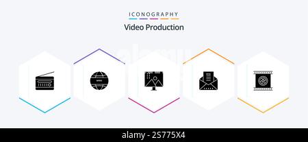 Video Production 25 Glyph icon pack including newsletter. email document. email. photo editing Stock Vector