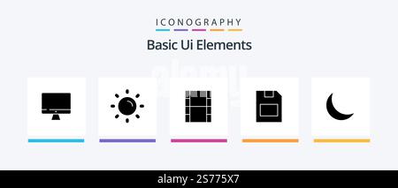 Basic Ui Elements Glyph 5 Icon Pack Including sleep . moon. video. data. memory card. Creative Icons Design Stock Vector