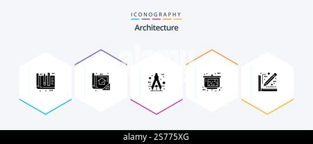 Architecture 25 Glyph icon pack including property presentation. architect. planning. tool. compass Stock Vector