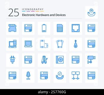 Devices 25 Blue Color icon pack including ethernet. sim card. electricity. sim. mobile Stock Vector