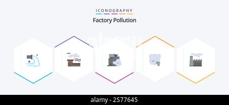 Factory Pollution 25 Flat icon pack including pollution. pm pollution. factory. environment. air Stock Vector