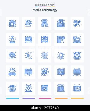 Creative Media Technology 25 Blue icon pack  Such As antenna radar. communication. hand touch. cell. mobile Stock Vector
