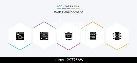 Web Development 25 Glyph icon pack including coding. development. development. com. browser Stock Vector