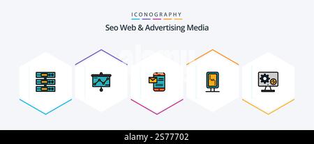 Seo Web And Advertising Media 25 FilledLine icon pack including banner board. branding. projector. board. chat Stock Vector