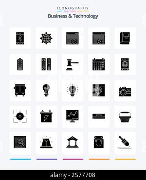 Creative Business & Technology 25 Glyph Solid Black icon pack  Such As battery. read. browser. knowledge. book Stock Vector