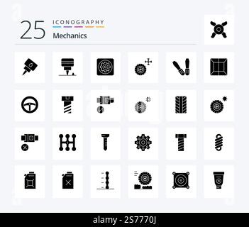Mechanics 25 Solid Glyph icon pack including steering. scan. car. production. tools Stock Vector