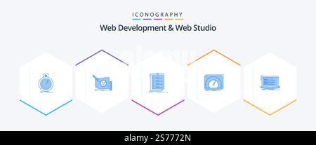 Web Development And Web Studio 25 Blue icon pack including speed. dashboard. page. to do. list Stock Vector