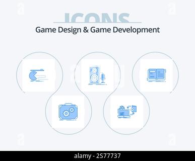 Game Design And Game Development Blue Icon Pack 5 Icon Design. microphone. live. publish. pacman. game Stock Vector