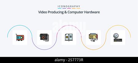 Video Producing And Computer Hardware Line Filled Flat 5 Icon Pack Including source. computer. supply. battery. instruction Stock Vector