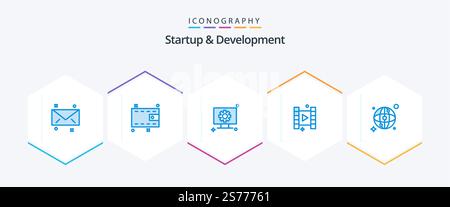 Startup And Develepment 25 Blue icon pack including . network. setting. map. film Stock Vector