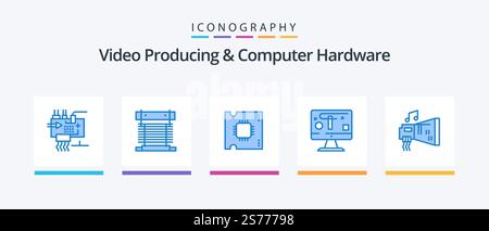 Video Producing And Computer Hardware Blue 5 Icon Pack Including graphics. design. cpu. computer. processor. Creative Icons Design Stock Vector