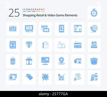 Shoping Retail And Video Game Elements 25 Blue Color icon pack including box. hardware. card. phone . buy Stock Vector