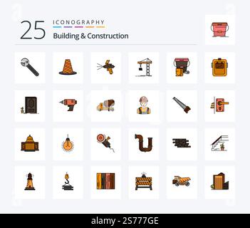 Building And Construction 25 Line Filled icon pack including construction. crane. roadblock. construction. paint Stock Vector