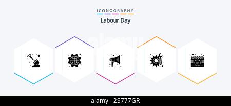 Labour Day 25 Glyph icon pack including day. calendar. labour. repair. gear Stock Vector