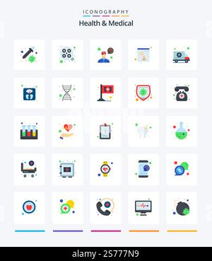 Creative Health And Medical 25 Flat icon pack  Such As transport. car. ask a doctor. ambulance. skull Stock Vector