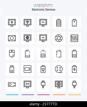 Creative Devices 25 OutLine icon pack  Such As display. tv. electric. news. photo Stock Vector