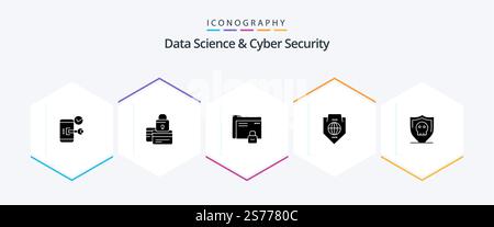 Data Science And Cyber Security 25 Glyph icon pack including access. protection. credit. password. data Stock Vector