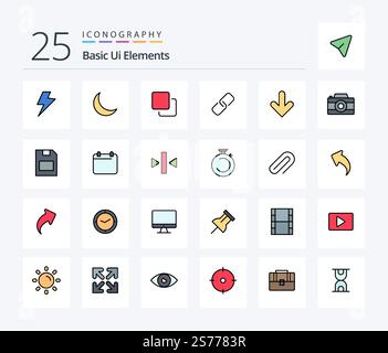 Basic Ui Elements 25 Line Filled icon pack including direction. arrow. media. metal. paper Stock Vector