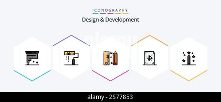 Design and Development 25 FilledLine icon pack including development. coding. paint. programing. development Stock Vector