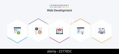 Web Development 25 Flat icon pack including web. development. alert. data. web page Stock Vector
