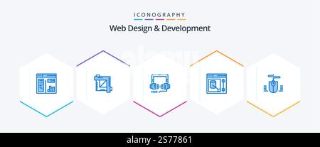 Web Design And Development 25 Blue icon pack including computer. web. headphone. tool. design Stock Vector