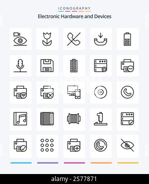 Creative Devices 25 OutLine icon pack  Such As electric. phone. photo. incoming. phone Stock Vector