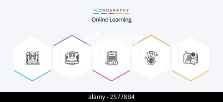 Online Learning 25 Line icon pack including book. world. screen. study abroad. study time Stock Vector