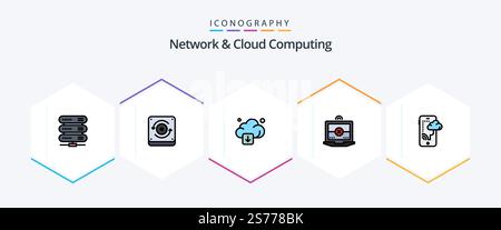 Network And Cloud Computing 25 FilledLine icon pack including technology. connection. arrow. cloud. computing Stock Vector