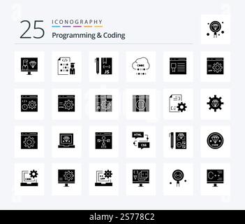 Programming And Coding 25 Solid Glyph icon pack including develop. browser. development. website. development Stock Vector
