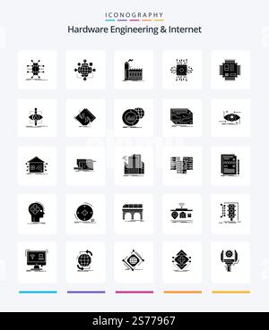 Creative Hardware Engineering And Internet 25 Glyph Solid Black icon pack  Such As microchip. chip. operation. production. industry Stock Vector