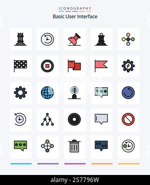 Creative Basic 25 Line FIlled icon pack  Such As race. flag. bishop. share. link Stock Vector