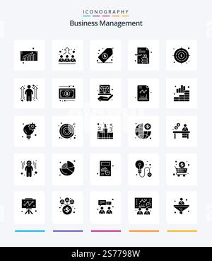 Creative Business Management 25 Glyph Solid Black icon pack  Such As business opportunity. goals. management. business. business paper Stock Vector