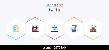 Learning 25 Flat icon pack including building. online. youtube. mobile. equation Stock Vector