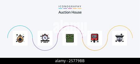 Auction Line Filled Flat 5 Icon Pack Including cam. label. time. compete. auction Stock Vector